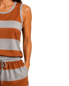 Ensemble pyjama en satin pour femmes, rayures marron rouille et gris argenté, débardeur sans manches avec short à taille élastique, ensemble de vêtements de nuit de luxe - Product Image 3