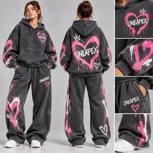 Conjunto Deportivo de Sudadera y Pantalones Anchos con Estampado de Corazón en Grafiti Negro y Rosa para Mujer, Ropa Casual de Calle, Dos Piezas - Product Image 5
