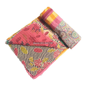 Colcha Kantha india vintage hecha a mano, de algodón lavable, para uso hotelero, de Jaipur, reversible, gruesa, con estampado. - Product Image 3