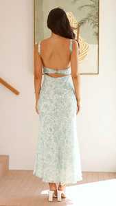 Robe Colonne Midi Aria Sage à Dos Nu Motif Floral, Robe Maxi Botanique Elowen à Dos Torsadé - Product Image 6