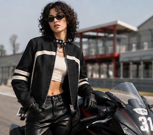 Custom Unisex Motorcycle <b>Racing</b> <b>Jacket</b> – Men’s & Women’s Vintage Moto Streetwear <b>Jacket</b> with Contrast Stripes and Zip Pockets - Product Image 4