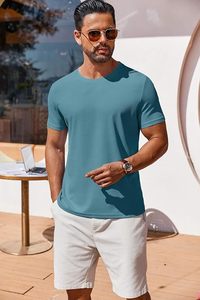 Camiseta de Manga Corta para Hombre, Color Verde Azulado, Cuello Redondo, Corte Ajustado, Tejido Transpirable, Estilo Casual - Product Image 4