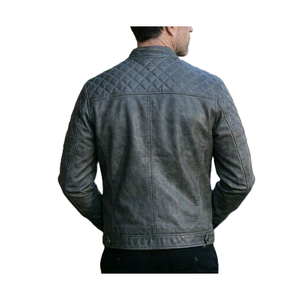 Heritage <b>Men's</b> Cafe Racer Quilted Leather <b>Jacket</b> in Distressed Grey - Product Image 3