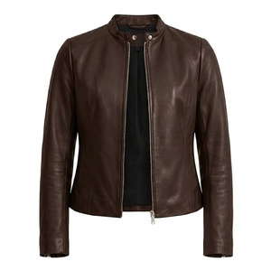 Brown Color Highest Quality Zipper Style Unique Design Breathable Product Women's Genuine <b>Sheepskin</b> Leather <b>Jacket</b> With Pockets - Product Image 1