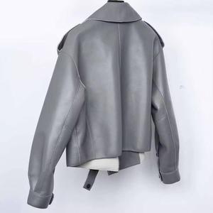 Women's Black PU Leather Motorcycle <b>Jacket</b> Turn-Down Collar Full <b>Sleeve</b> Single Breasted <b>Short</b> Length Winter Wear Waterproof - Product Image 4