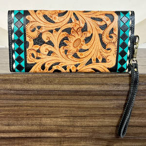 Cartera de mano de cuero repujado estilo occidental con estampado floral a cuadros para mujer, tarjetero para tarjetas de crédito y monedero de muñeca para uso diario - Product Image 5