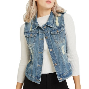 Vente en gros de vestes en jean bleues pour femmes Slim Fi mode vêtements pour femmes veste en jean vestes en jean déchirées sans manches - Product Image 1