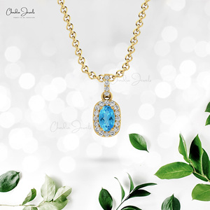 Handmade 14k <b>Solid</b> <b>Gold</b> Genuine 7x5mm Prong Set Swiss Blue Topaz & 1.5mm Pave Diamond Halo <b>Pendant</b> From Wholesale Distributors - Product Image 6