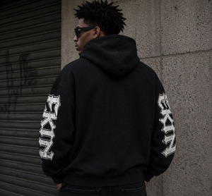 Custom Cropped Raw Hem Streetwear Hoodie Letter French Terry Embroidered Patch Distressed Applique Acid Wash Hoodie Men - Product Image 3