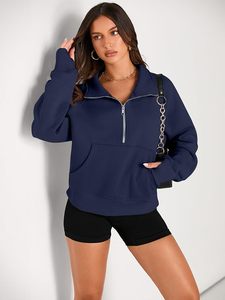 Sweat-shirt pour femme bleu marine à demi-zip, coupe oversize, col rabattu, avec poche kangourou, haut décontracté à manches longues - Product Image 1