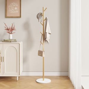 Porte-vêtements autoportant en métal doré robuste avec base en marbre, support polyvalent pour chapeaux et manteaux pour chambre à coucher - Product Image 1
