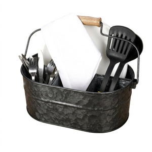 Porta cubiertos de metal galvanizado negro estilo rústico con mango de madera, organizador de utensilios portátil de 4 compartimentos para cocina y comedor - Product Image 4