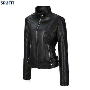 SPOFIT เสื้อแจ็คเก็ตหนัง PU สำหรับผู้หญิง คอตั้ง แขนยาว ปิดด้วยซิป กันลม ใส่ได้ในฤดูใบไม้ร่วง - Product Image 1