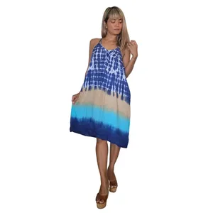 Ethnic Boho Rayon Midi Dress Tie Dye Print Sleeveless V-Neck Blue Beige Vacation Wear for Women - Product Image 5