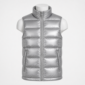 Men's Silver Glossy Bubble Vest Stand Collar Zipper Sleeveless Winter <b>Waistcoat</b> Custom Size Men's Vest - Product Image 2
