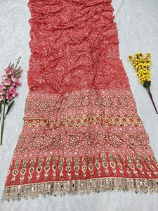 <b>Red</b> Silk Bandhani Print Saree Set Mirror Work <b>Blouse</b> Embroidered Border Tassel Finish-Traditional Indian Wedding Party Outfit - Product Image 4