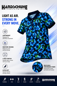 Polo de golf à manches courtes pour femme, imprimé floral, fleurs bleues, tricoté en polyester, haut décontracté avec fermeture boutonnée, 100 % polyester - Product Image 4