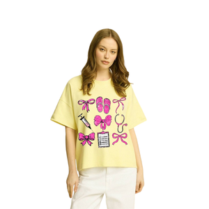 Yellow Oversized Women's <b>T</b>-<b>Shirt</b> With Pink Bow & Medical Supplies Patchwork Crew Neck Short Sleeve Loose Fit Spring Summer Style - Product Image 1