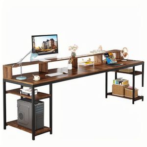 Bureau d'ordinateur double pour deux personnes de 78,74 pouces de long avec étagères de rangement, grand bureau de jeu, d'étude et d'écriture - Product Image 2