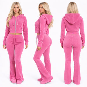 Conjuntos de punto gofrado personalizados para mujer: Sudadera corta con cremallera y pantalones acampanados. Atuendo de lujo de dos piezas para estar en casa y estilo urbano. - Product Image 6