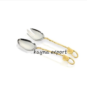 Ensemble cuillère et fourchette de service en acier inoxydable plaqué or avec manche serpent, finition miroir, design original pour occasions festives - Product Image 3