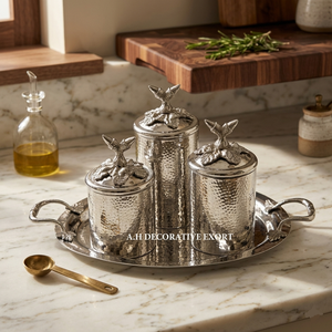 4-Piece Luxury Hammered Silver Canister Set with Matching Serving Tray <b>Decorative</b> Metal Kitchen Storage Jars with Leaf Knobs - Product Image 1