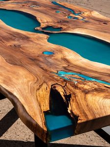 Mesa de Comedor de Estilo Europeo con Borde Natural de Madera de Burl, Superficie de Resina Turquesa, Acabado Moderno, Duradera, Hecha a Mano, para 6 Personas, Hotel, Supermercado - Product Image 2