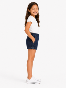 Shorts en jean bleu foncé pour filles, taille élastique, décontractés, pour l'été, en denim délavé doux, avec détail de nouage latéral élégant, qualité supérieure - Product Image 2