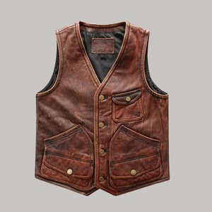 handcrafted vintage Brown <b>leather</b> Biker Vest Men's Western Waistcoat With Multiple Pockets And Button Closure All Seasons Wear - Product Image 4