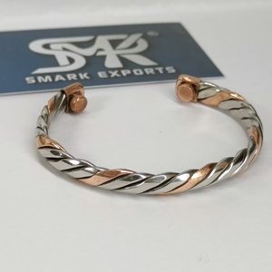 Trendy Metal Craft Magnetic Copper Cuff Bracelet Twisted Two Tone Design Adjustable Open <b>Bangle</b> Handmade - Product Image 6