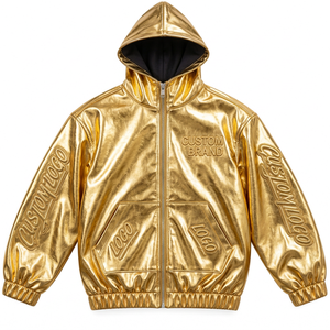 Veste à capuche zippée en similicuir personnalisée pour homme, avec manches embossées, style urbain décontracté, vêtement d'extérieur tendance - Product Image 5