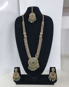 Luxurious Ethnic Sun Mandala Pendant Rani Haar Antique Gold Plated Zircon Long Necklaces <b>Beads</b> 3-Piece Floral Bridal <b>Sets</b> - Product Image 2