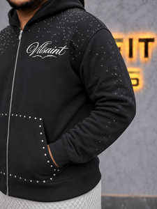 Men's <b>Black</b> <b>Zip</b>-<b>Up</b> <b>Hoodie</b> Rhinestone Embellished Casual Hooded Sweatshirt Regular Fit French Terry Cotton <b>Zip</b> <b>Up</b> <b>Hoodie</b> - Product Image 4