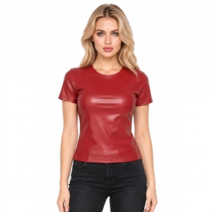 <b>Women's</b> <b>Red</b> Faux Leather <b>T</b>-<b>Shirt</b> Short Sleeve Round Neck Casual PU Leather Tee Tops Ladies Casual Leather <b>T</b> <b>Shirt</b> Streetwear Top - Product Image 2