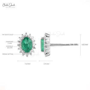 Listos para Enviar, Pendientes de Oro Blanco Real de 14k con Esmeralda Ovalada de 6x4mm, Pendientes de Halo con Diamantes G-H, Joyería de Boda - Product Image 5
