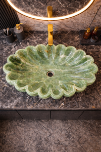 Lavabo de baño de lujo moderno de ónix verde ecológico, tallado a mano con forma de flor, lavabo de tocador. - Product Image 3