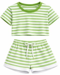 Ensemble décontracté d'été deux pièces pour femme : crop top rayé vert et short, taille élastique, tenue de détente, streetwear, OEM - Product Image 1