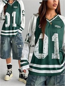 Haut streetwear personnalisé en jersey mesh surdimensionné à manches longues et col en V avec impression de numéro, OEM ODM en gros - Product Image 3