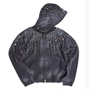 Sweat-shirts surdimensionnés pour hommes avec impression DTG personnalisée de strass, motif étoile, perles, effet délavé vintage et fermeture éclair double tête déchirée - Product Image 4