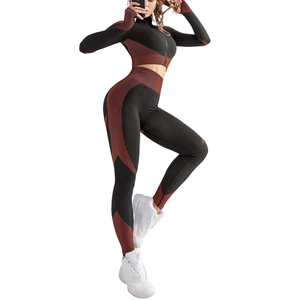Ensemble 2 pièces sportif taille haute pour femme, haut court à col roulé à manches longues, tricoté, color block, avec fermeture éclair, écoresponsable - Product Image 2