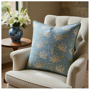 Hot Selling Hand Block Printed Piping Cushion Cover Square <b>Throw</b> Pillow Japan Lotus <b>Blue</b> Gud Color Home Decor Wholesale Supplier - Product Image 3