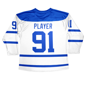 Camiseta de Hockey sobre Hielo Blanca y Azul Sublimada, Manga Larga, Cuello en V, Absorbe la Humedad, 100% Poliéster, Doble Correa, Unisex para Adultos, Corte Regular - Product Image 2