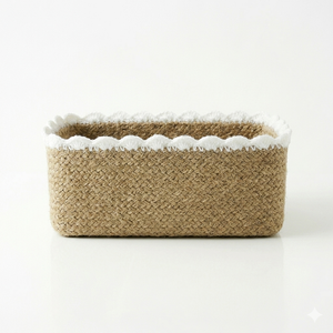 Cesta de Almacenamiento Tejida de Yute Natural de Estilo Clásico con Ribete de Encaje Festoneado, Organizador Decorativo Boho de Seagrass - Product Image 2
