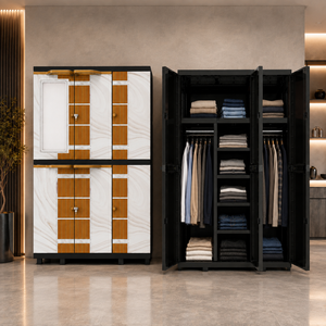Naiba Mega Portable <b>Plastic</b> Cabinet/Wardrobe with Beige Wood Style Doors & <b>Mirror</b> & Hanger for Clothing & Bedroom Storage - Product Image 1