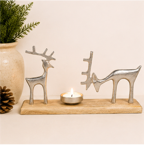 Handcrafted Silver Aluminum Reindeer Candle Holder With Natural Mango Wood Base For Christmas Home Tabletop And Festive Accents - Product Image 6