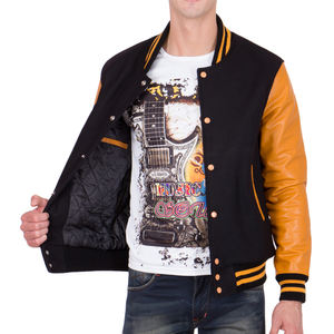 Chaqueta Varsity Negra y Amarilla para Hombre, Chaqueta Bomber con Mangas de Cuero Amarillo, Estilo Béisbol Informal, Ropa de Abrigo Cálida para Invierno - Product Image 5