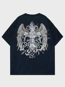 เสื้อยืดโอเวอร์ไซส์ลายกางเขนสไตล์โกธิคสำหรับผู้ชาย สีดำ แขนสั้น คอกลม ผ้าคอตตอนเจอร์ซีย์ ลายกราฟิกด้านหลัง - Product Image 2