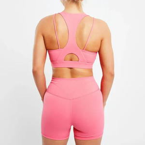 Conjunto de Yoga para Mujer, Color Sólido, Top Deportivo Racerback, Shorts de Cintura Alta, Sin Costuras, Soporte Medio, Rosa - Product Image 2