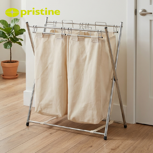 Foldable Double Tier Clothing Organizer <b>Laundry</b> hamper Rack Minimalist Standing Rectangle Shape for Bathroom Use - Product Image 4