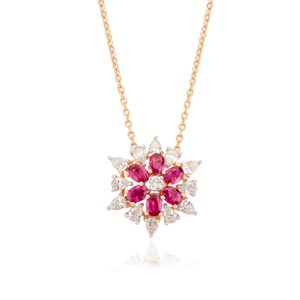 18K <b>Solid</b> Yellow <b>Gold</b> Floral Ruby <b>Pendant</b> Necklace - Product Image 3